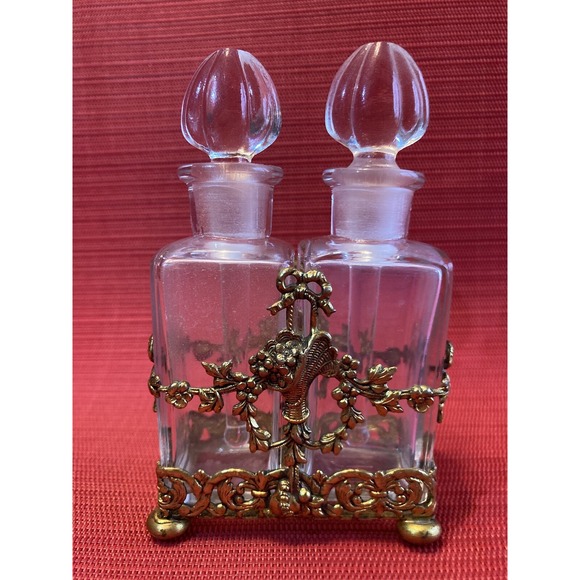 Brass Caddy & Perfume Bottles Style Of 19th Century French Baccarat Floral Motif - Picture 6 of 14